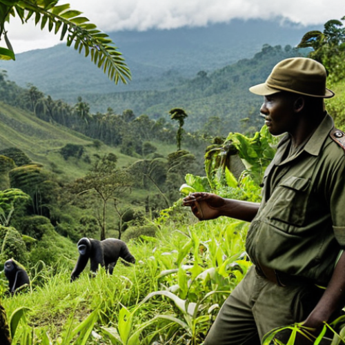 **

A dramatic landscape showcasing a Virunga National Park ranger tracking mountain gorillas in a lush, dense forest. Focus on the ranger's determination and the gorillas' gentle nature, highlighting the contrast between their peaceful existence and the threat of poaching. Include elements suggesting community involvement, such as a glimpse of a nearby village or local people assisting in the tracking efforts. The overall tone should be hopeful yet realistic, emphasizing the ongoing conservation efforts.

**