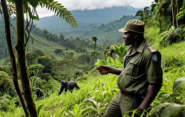 **

A dramatic landscape showcasing a Virunga National Park ranger tracking mountain gorillas in a lush, dense forest. Focus on the ranger's determination and the gorillas' gentle nature, highlighting the contrast between their peaceful existence and the threat of poaching. Include elements suggesting community involvement, such as a glimpse of a nearby village or local people assisting in the tracking efforts. The overall tone should be hopeful yet realistic, emphasizing the ongoing conservation efforts.

**