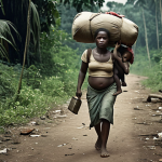 A distressed Congolese mother fleeing through a dense jungle with her children, carrying meager belongings. The scene should convey hardship and desperation, with a muted color palette to emphasize the somber mood. Style: Documentary photography, gritty texture.