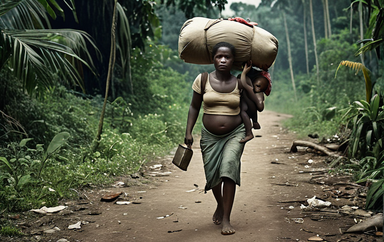 A distressed Congolese mother fleeing through a dense jungle with her children, carrying meager belongings. The scene should convey hardship and desperation, with a muted color palette to emphasize the somber mood. Style: Documentary photography, gritty texture.