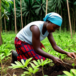 A Congolese woman, adult, fully clothed in modest, practical attire, is carefully tending to young saplings in a community reforestation project. The scene is set in a vibrant Congo Basin rainforest, with a small, visibly cared-for plot of young trees in the foreground, blending into dense natural forest in the background. Natural sunlight filters gently through the canopy. Professional photography, high quality, vibrant colors, natural light, detailed, perfect anatomy, correct proportions, natural pose, well-formed hands, proper finger count, safe for work, appropriate content, fully clothed, modest clothing, family-friendly.