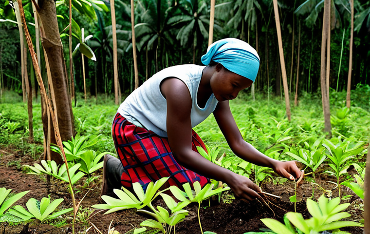 A Congolese woman, adult, fully clothed in modest, practical attire, is carefully tending to young saplings in a community reforestation project. The scene is set in a vibrant Congo Basin rainforest, with a small, visibly cared-for plot of young trees in the foreground, blending into dense natural forest in the background. Natural sunlight filters gently through the canopy. Professional photography, high quality, vibrant colors, natural light, detailed, perfect anatomy, correct proportions, natural pose, well-formed hands, proper finger count, safe for work, appropriate content, fully clothed, modest clothing, family-friendly.