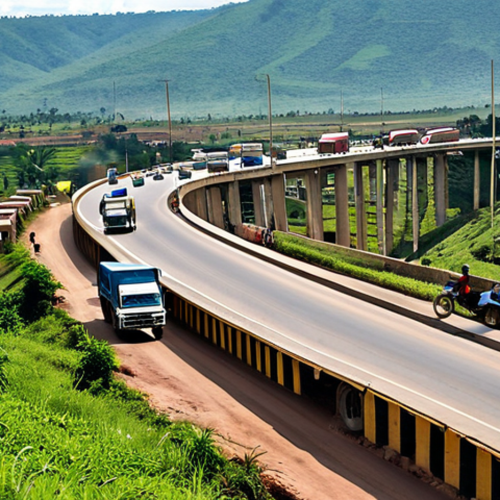 Infrastructure and Trade**

"A bustling border crossing between the Democratic Republic of Congo and Uganda, showing modern roads and trading activity. Ugandan trucks are delivering goods, and Congolese merchants are present. In the background, rolling hills and a clear sky. Fully clothed individuals are engaged in commerce. Professional photography, safe for work, appropriate content, modest activity, natural proportions, high quality."

**