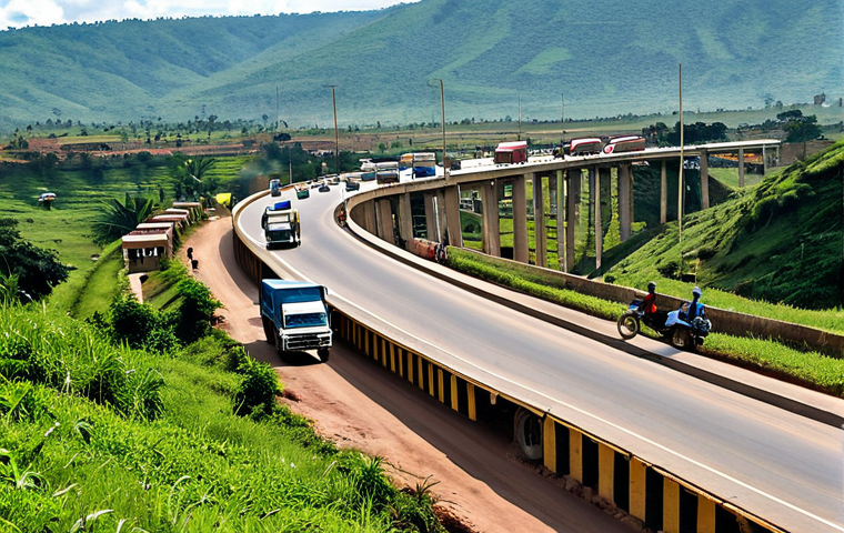 Infrastructure and Trade**

"A bustling border crossing between the Democratic Republic of Congo and Uganda, showing modern roads and trading activity. Ugandan trucks are delivering goods, and Congolese merchants are present. In the background, rolling hills and a clear sky. Fully clothed individuals are engaged in commerce. Professional photography, safe for work, appropriate content, modest activity, natural proportions, high quality."

**
