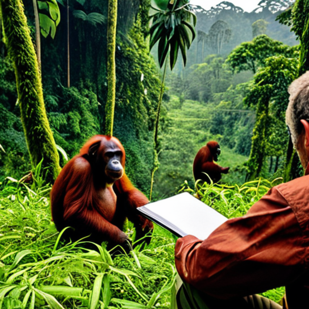 Virunga National Park Orangutan Research**

"A primatologist in appropriate field attire, carefully observing a group of fully clothed orangutans in the Virunga National Park, lush rainforest background, using non-invasive observation techniques, safe for work, appropriate content, perfect anatomy, natural proportions, documentary photography, high quality, professional."

**