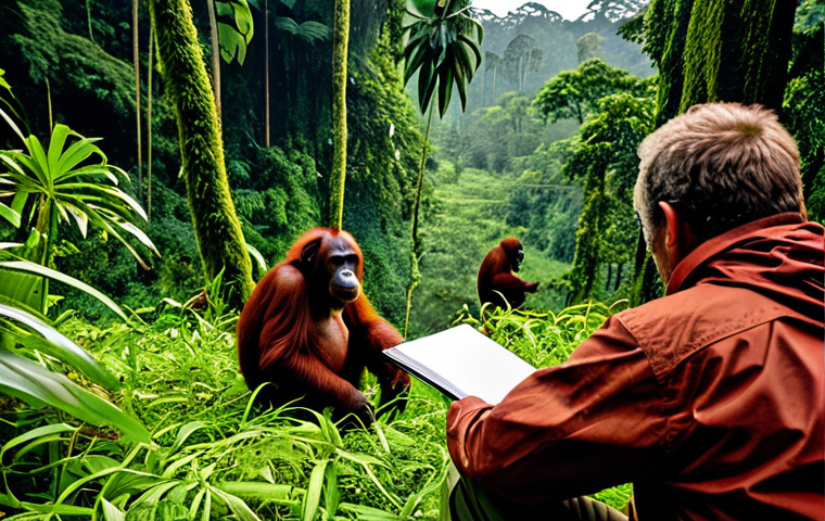 Virunga National Park Orangutan Research**

"A primatologist in appropriate field attire, carefully observing a group of fully clothed orangutans in the Virunga National Park, lush rainforest background, using non-invasive observation techniques, safe for work, appropriate content, perfect anatomy, natural proportions, documentary photography, high quality, professional."

**