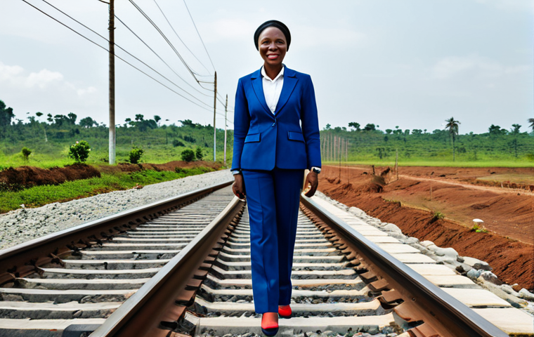**Image Prompt:** A modern businesswoman in a modest, professional pantsuit, standing near a newly constructed railway line in the Congolese countryside. Workers can be seen in the background. Fully clothed, appropriate attire, safe for work, perfect anatomy, natural proportions, professional photography, high quality, family-friendly.