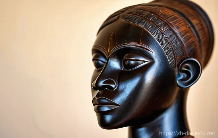 콩고 전통 장인과 공예품 - **A masterfully crafted Congolese ancestral wood carving**, depicting a serene yet powerful human fi...