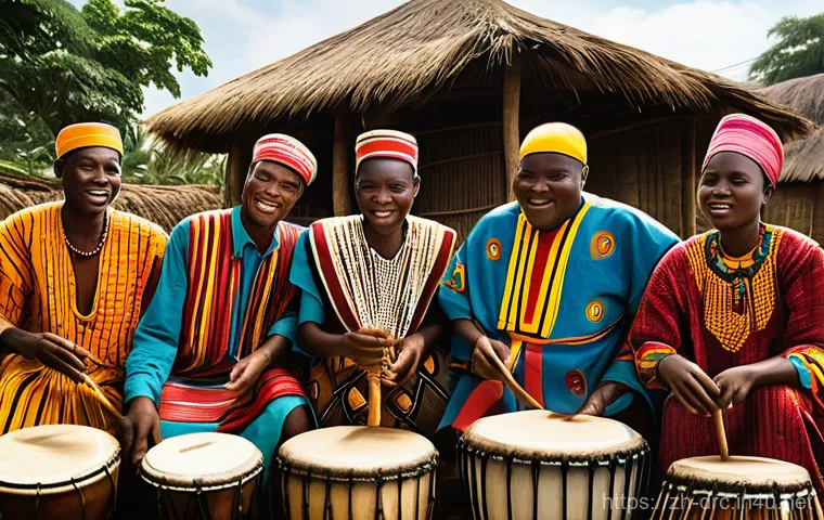 콩고 전통 악기 종류 - **A dynamic, photo-realistic image capturing the essence of Congolese drumming.** In the heart of a ...
