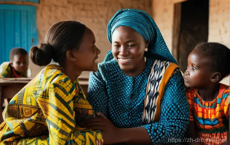 콩고 여성 지도자와 사회적 역할 - **Prompt:** A group of resilient Congolese women, dressed in vibrant, modest traditional African pri...