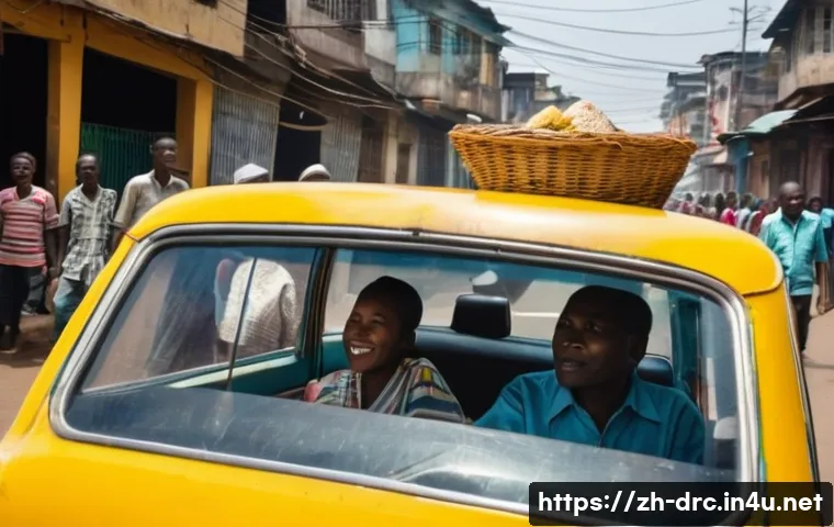 콩고에서의 대중교통 사용법 - **A vibrant street scene in Kinshasa, Democratic Republic of Congo, featuring a bustling shared taxi...