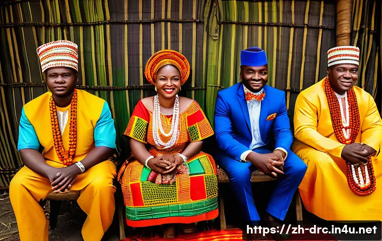 콩고 부족 간 결혼 문화 - A vibrant traditional Congolese wedding scene featuring the bride and groom dressed in colorful, han...