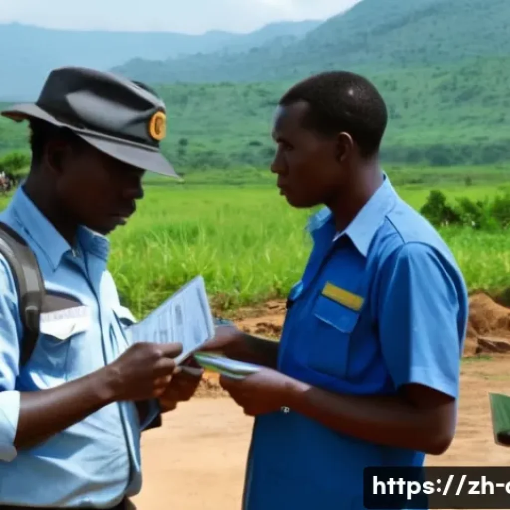 콩고 국경 통과 절차 - A detailed scene at a busy Congo border checkpoint during daylight, showing diverse travelers presen...
