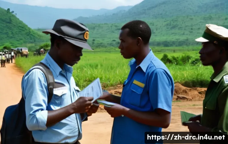 콩고 국경 통과 절차 - A detailed scene at a busy Congo border checkpoint during daylight, showing diverse travelers presen...