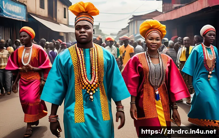 콩고 문학 작가와 대표작 - A vibrant scene depicting a Congolese urban street festival blending traditional African tribal cult...