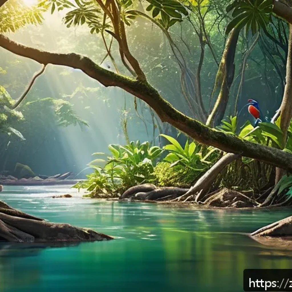 루알라바 강 어드벤처 - A vibrant tropical rainforest scene along the Luapula River bank, featuring towering banyan trees wi...