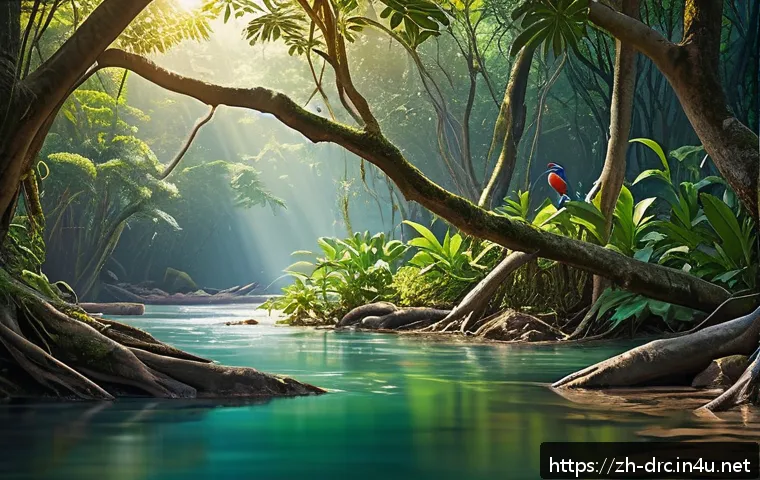 루알라바 강 어드벤처 - A vibrant tropical rainforest scene along the Luapula River bank, featuring towering banyan trees wi...