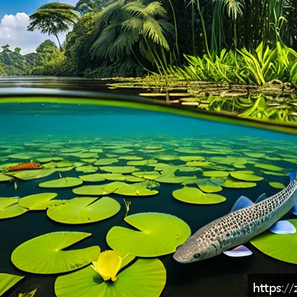 콩고강 수생 생물 다양성 - A vibrant underwater scene of the Congo River showcasing its rich aquatic biodiversity: giant catfis...