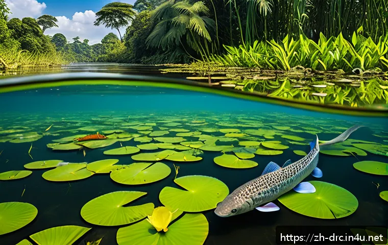 콩고강 수생 생물 다양성 - A vibrant underwater scene of the Congo River showcasing its rich aquatic biodiversity: giant catfis...