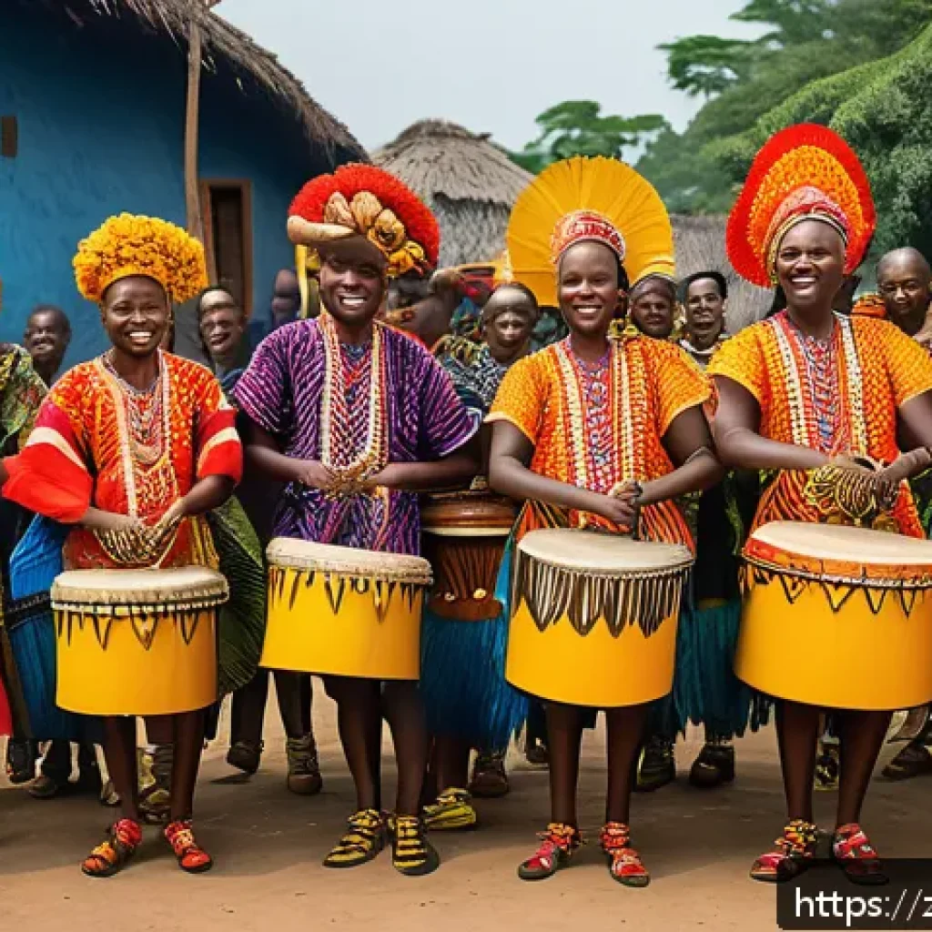 콩고 전통 춤과 음악 소개 - A vibrant traditional Congolese dance scene featuring a group of dancers wearing colorful, richly pa...
