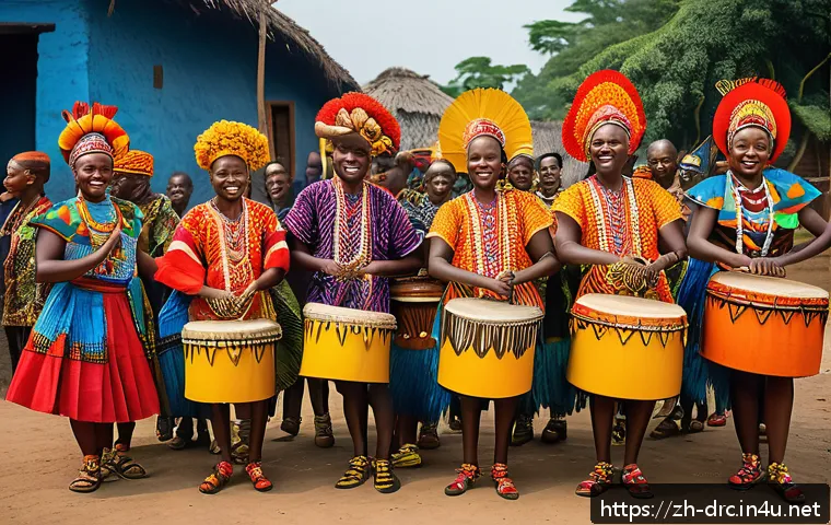 콩고 전통 춤과 음악 소개 - A vibrant traditional Congolese dance scene featuring a group of dancers wearing colorful, richly pa...