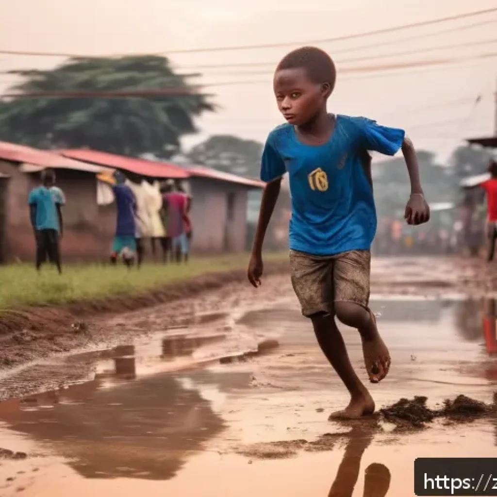 콩고의 스포츠 스타 축구 선수 - A young Congolese boy practicing football barefoot on a muddy street in Kinshasa at dusk, wearing si...