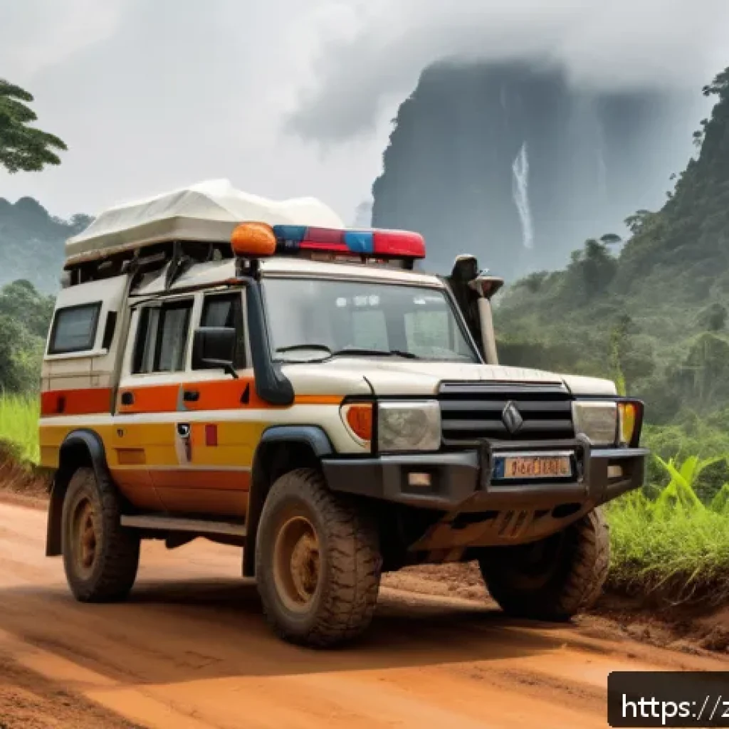콩고 여행자 보험 필수 여부 - A detailed scene of a traveler in Congo facing a sudden medical emergency: a middle-aged man wearing...