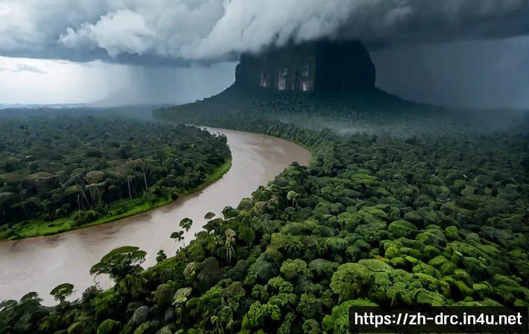 콩고의 주요 기후와 날씨 변화 - Photorealistic wide landscape of the Congo Basin rainforest during the rainy season, towering emeral...