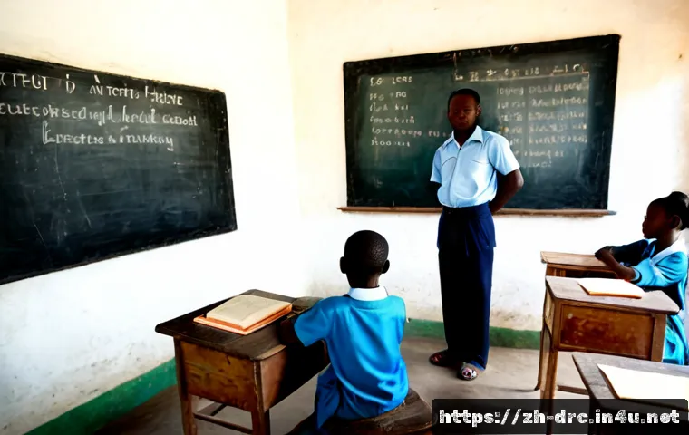 콩고 교육 시스템의 문제점 - Photorealistic rural classroom in the Democratic Republic of Congo, a dedicated teacher standing bes...