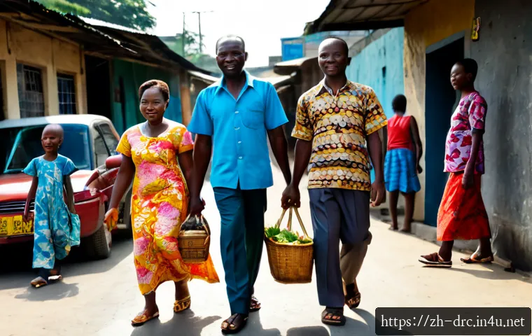 콩고인의 일상 생활과 의복 - Photorealistic morning street scene in Kinshasa, Democratic Republic of the Congo, a multigeneration...